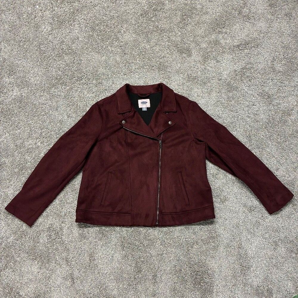 Old Navy Womens XL Burgundy Faux Suede Moto Jacket Zip Up Coat Y2K Dark Romantic